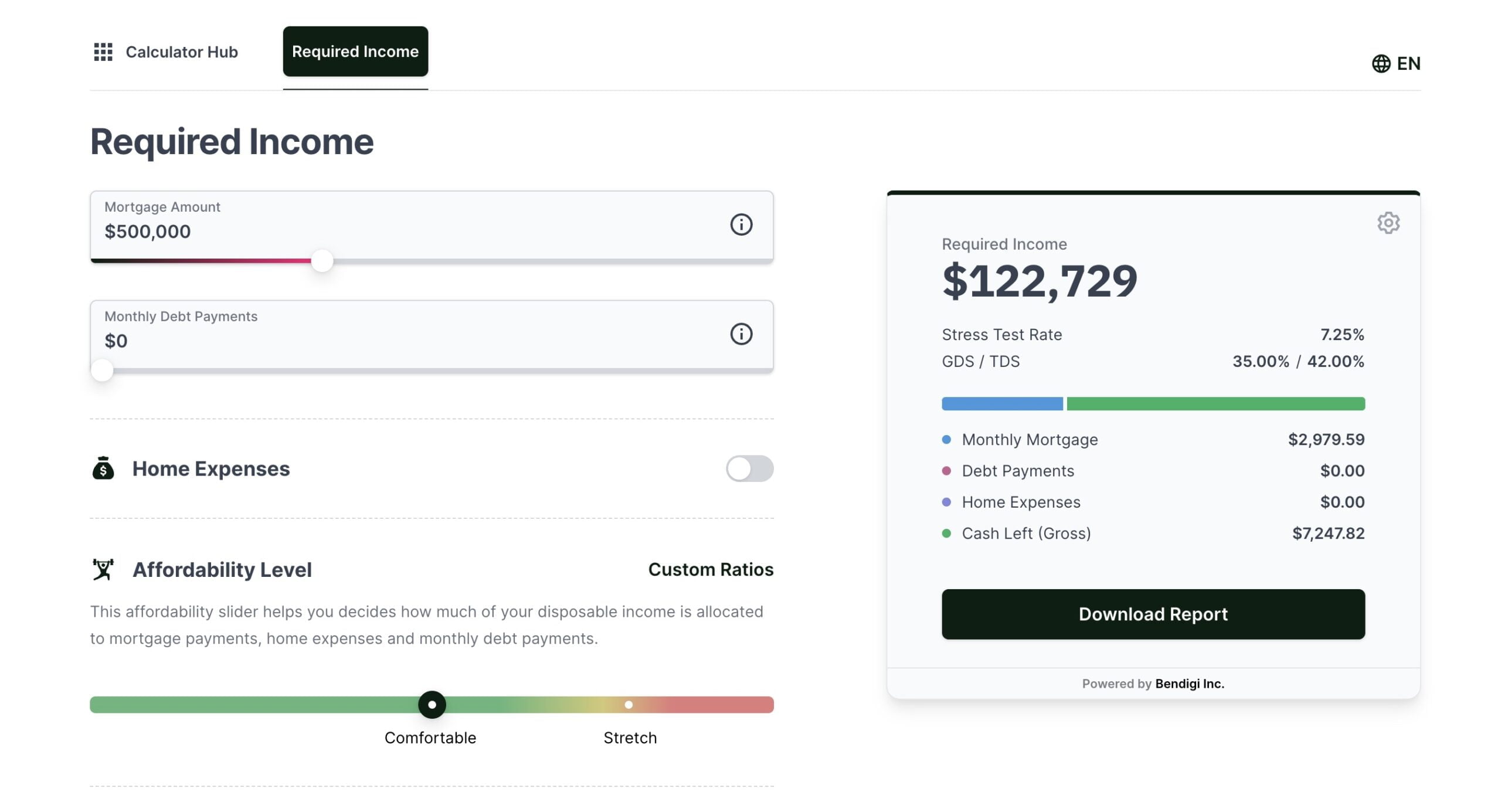 A mortgage calculator that helps the end user understand how much income they need to make in order to qualify for a mortgage.